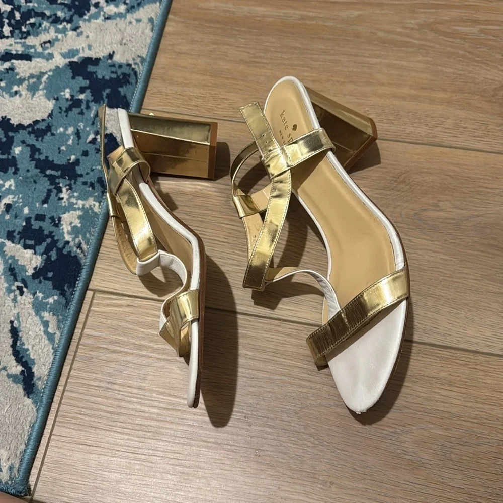 KATE SPADE NY White/Gold Chunky Block Heel Sandals Size 10